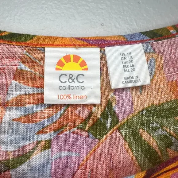 C&C California Leaf Print 100% Linen Tunic Size 1X Resort Beach Boho Relaxed - Picture 3 of 9